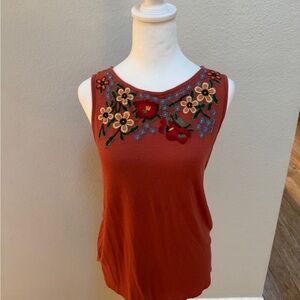 Adiva Rust Embroidered Floral Sleeveless Tank